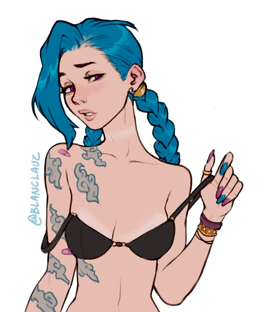 1girls black_bra blanclauz blue_hair bra bra_only cleavage jinx_(league_of_legends) league_of_legends long_fingernails long_hair multicolored_nails nail_polish pink_eyes removing_bra riot_games small_breasts solo tanline tanline_peek tanlines tattoo undressing white_background