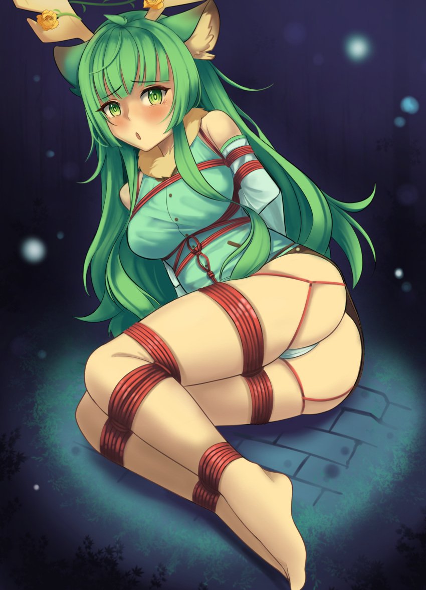 antlers arms_tied_behind_back dankestofdans green_hair green_panties haruka_karibu medium_breasts moose_girl rope_bondage virtual_youtuber vshojo vtuber