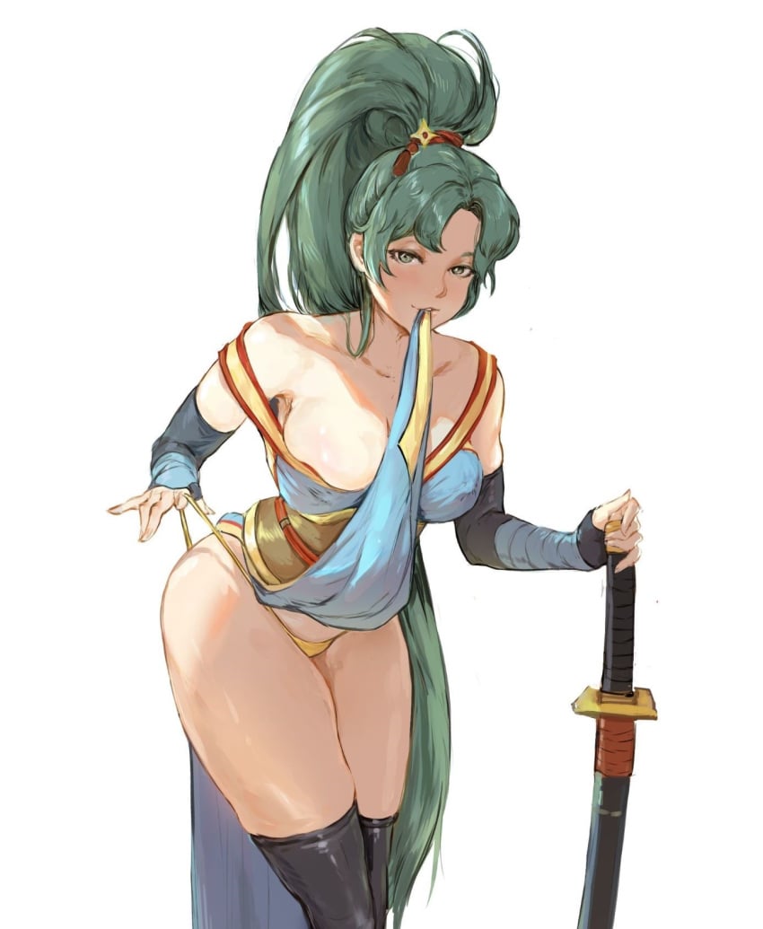 1girls alternate_costume bare_shoulders bare_thighs big_breasts biting biting_clothes breasts cleavage clothes_in_mouth clothes_lift covered_nipples dress_lift female female_only fingerless_gloves fire_emblem fire_emblem:_the_blazing_blade fire_emblem_heroes flashing gloves green_eyes green_hair high_ponytail katana large_breasts lifted_by_self light-skinned_female light_skin long_hair looking_at_viewer lyn_(fire_emblem) lyn_(ninja)_(fire_emblem) mouth_hold ninja nintendo nipples_visible_through_clothes official_alternate_costume panties panty_pull pelvic_curtain pelvic_curtain_lift plunging_neckline ponytail presenting seductive seductive_smile shoulders skirt skirt_in_mouth skirt_lift smile solo sword teasing tezy8art thick_thighs thighhighs thighs thong underwear very_long_hair weapon yellow_panties