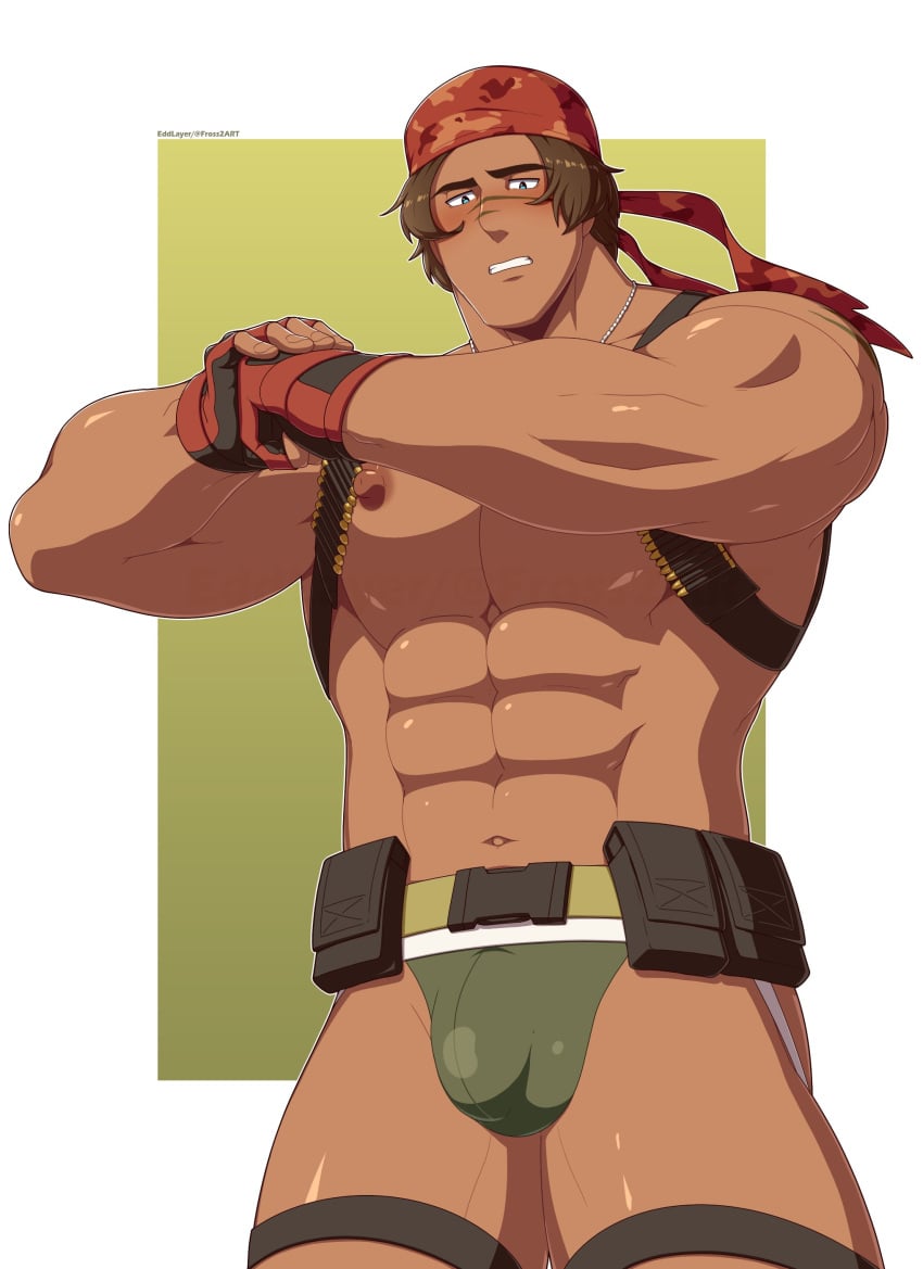 bulge edd_layerex ikari_warriors jockstrap_aside jockstrap_only king_of_fighters male_breasts male_only naked nipples pecs ralf_jones