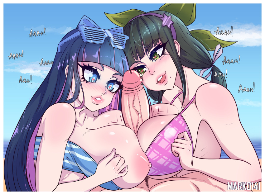 1boy 2girls beach bikini bikini_top breasts chabashira_tenko commission crossover danganronpa danganronpa_v3 double_paizuri female ffm_threesome heart-shaped_pupils highres huge_breasts huge_cock imminent_oral large_breasts light-skinned_female light-skinned_male light_skin lipstick male marko141 multiple_girls offscreen_character paizuri panty_&_stocking_with_garterbelt partial_male penis shin_sakamoto stocking_anarchy straight_hair threesome