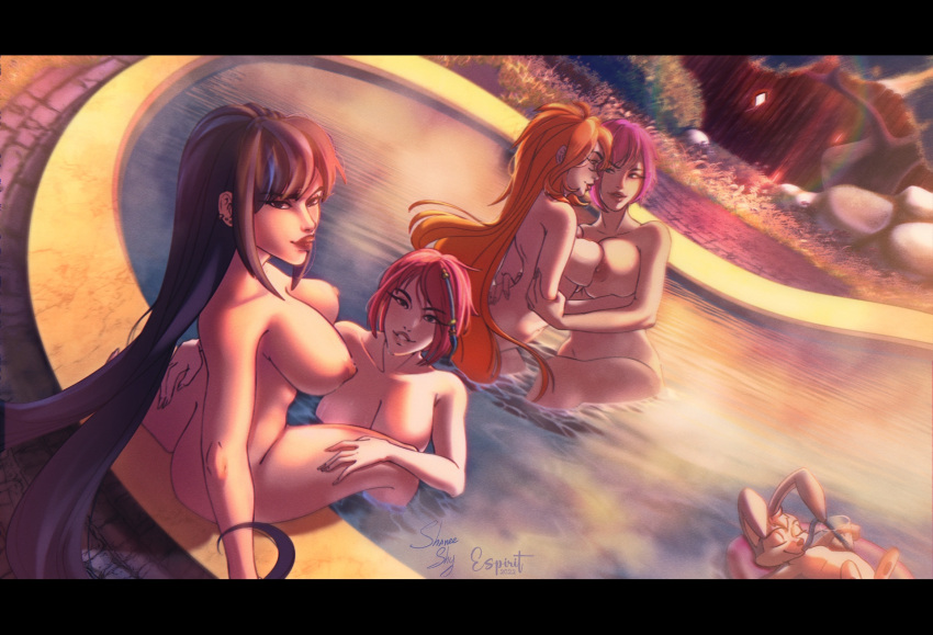 4girls areola big_breasts bloom_(winx_club) espirit_(artist) human jpeg mirta_(winx_club) multiple_girls musa musa_(winx_club) nude nude_female pink_hair rainbow_(animation_studio) red_hair shanee_shy signature swimming_pool tecna tecna_(winx_club) water winx_club yuri