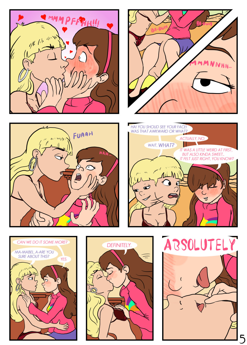 2girls aged_up aroused blonde_hair blush brown_hair comic disney disney_channel disney_xd english_text gravity_falls hands_on_breasts lesbian_kiss mabel_pines multiple_girls pacifica_northwest page_5 page_number sealedhelm speech_bubble straight_hair surprised tongue_out underwear yuri