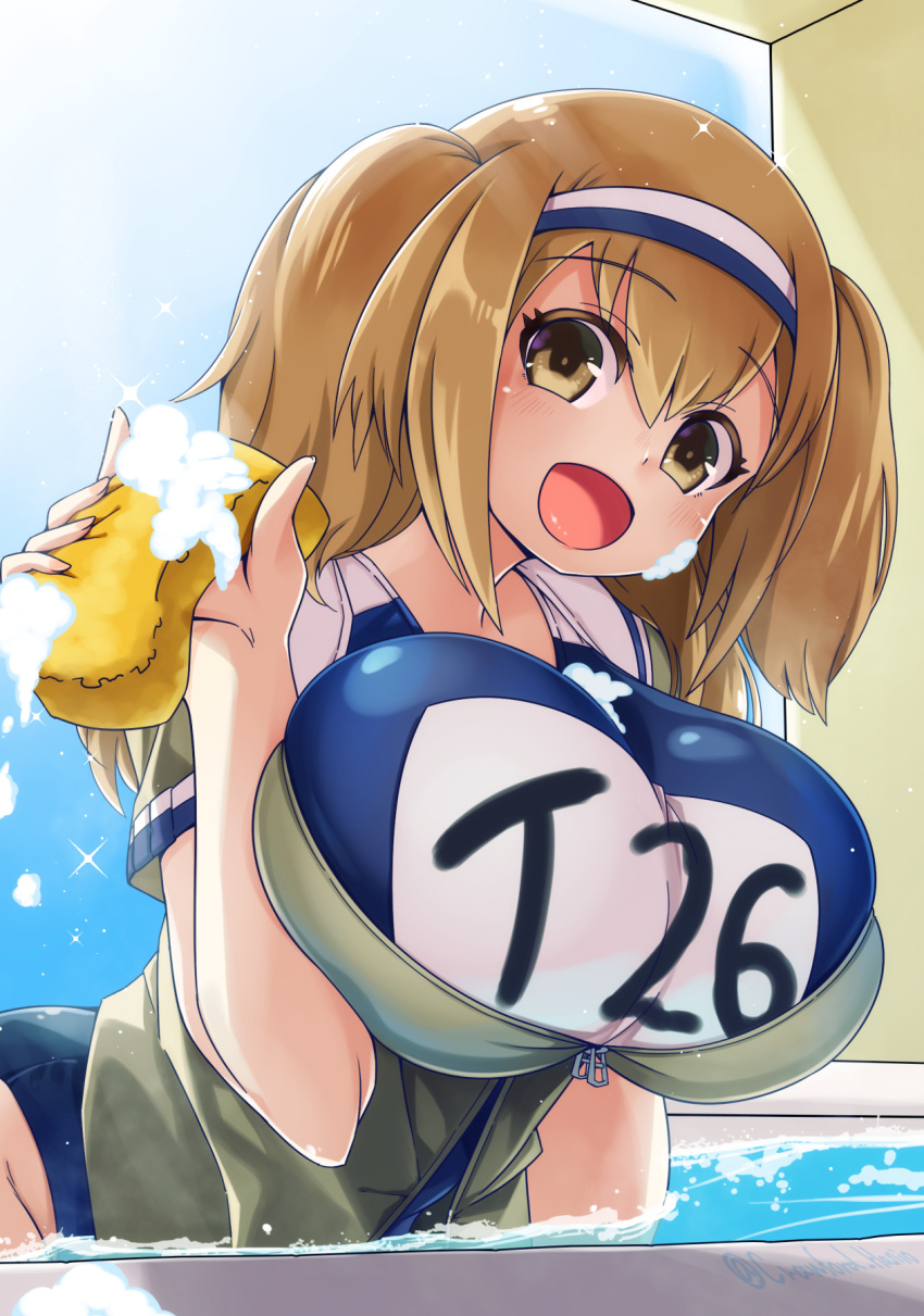 1girls 2020 all_fours bathtub breasts brown_eyes brown_jacket female hairband haniyama_hanio haniyama_kurofo highres huge_breasts i-26_(kantai_collection) jacket kantai_collection light-skinned_female light_brown_hair light_skin long_hair looking_at_viewer name_tag new_school_swimsuit sailor_collar school_swimsuit short_sleeves smile soap_bubbles solo sponge sukumizu swimsuit swimsuit_under_clothes two-tone_hairband two_side_up