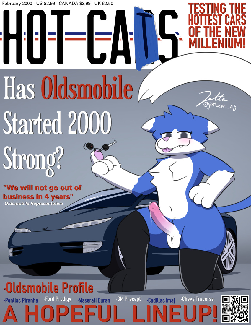 2000s absurd_res anthro balls belly blue_body blue_fur bodily_fluids cadillac car chevrolet clothing cover cum cum_drip domestic_cat dripping felid feline felis fluffy ford fur general_motors genital_fluids genitals girly grey_eyes hi_res jetta_(jettacat) jettacat leggings legwear looking_at_viewer looking_down low-angle_view magazine magazine_cover male male_only mammal maserati navel oldsmobile oldsmobile_profile penis pontiac precum qr_code satire smile smirk solo teeth thong underwear vehicle wide_hips