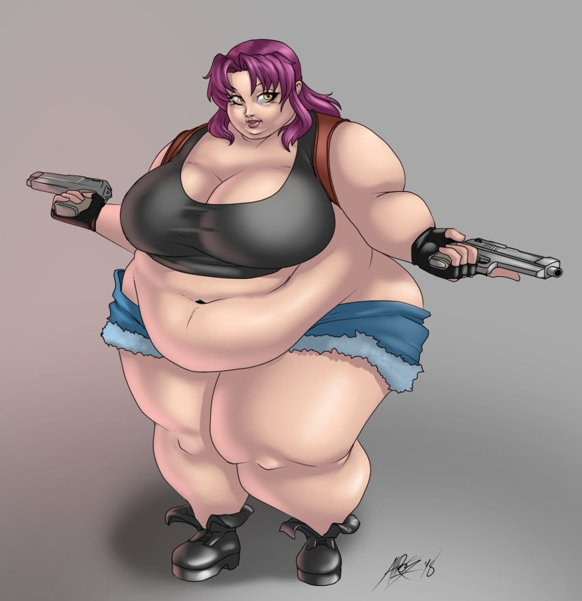 1girls bbw belly big_belly big_breasts black_lagoon breasts cleavage fat female female_only firearm footwear guns handgun handwear human lordaltros morbidly_obese obese overweight pale_skin revy solo solo_female thick_thighs thighs weapon