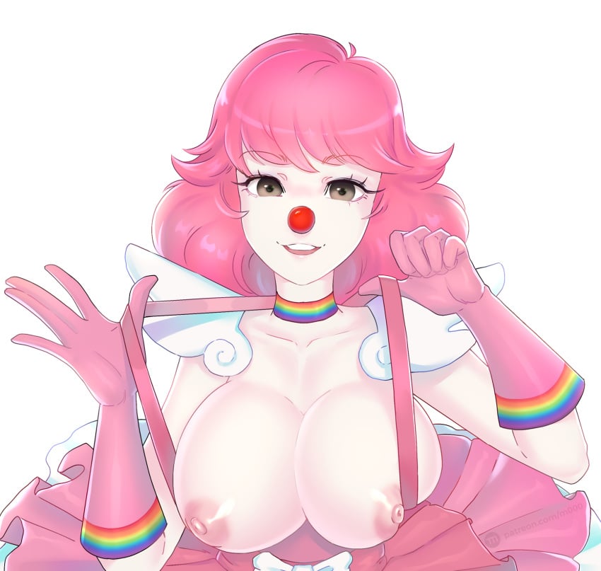 ace_attorney areolae choker clown_girl clown_nose geiru_toneido gloves large_breasts looking_at_viewer m000 pink_hair topless white_background