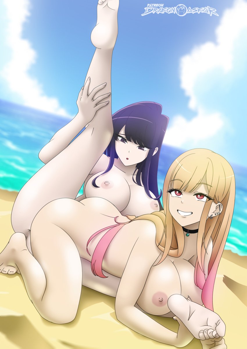 2girls ass beach big_breasts big_butt black_hair blonde_hair breasts choker completely_nude completely_nude_female cosplay crossover drakonaskar feet female female_only full_body gyaru kitagawa_marin komi-san_wa_komyushou_desu komi_shouko multiple_girls naked naked_female nipples nude nude_female scissoring soles sono_bisque_doll_wa_koi_wo_suru summer sunlight toes tribadism tribbing yuri