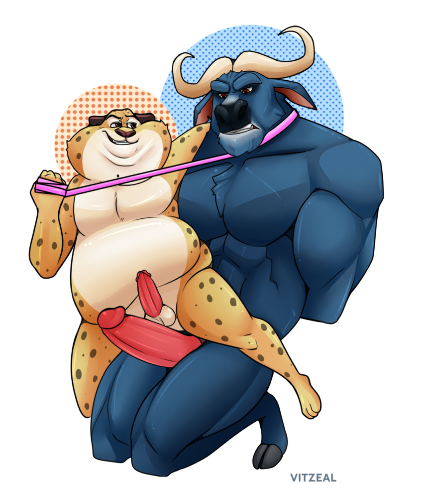 anthro benjamin_clawhauser bondage bovid bovine cape_buffalo chief_bogo collar disney dominant dominant_male duo felid gay hi_res horn leash leash_pull leopard male male/male male_only mammal pantherine penis power_bottom size_difference testicles vitzeal yaoi zootopia