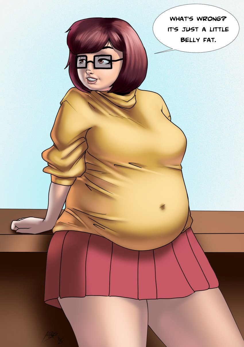 1girls 2018 bbw belly big_belly big_breasts breasts brown_hair fat female female_only fully_clothed glasses lordaltros overweight scooby-doo skirt solo solo_female sweater velma_dinkley