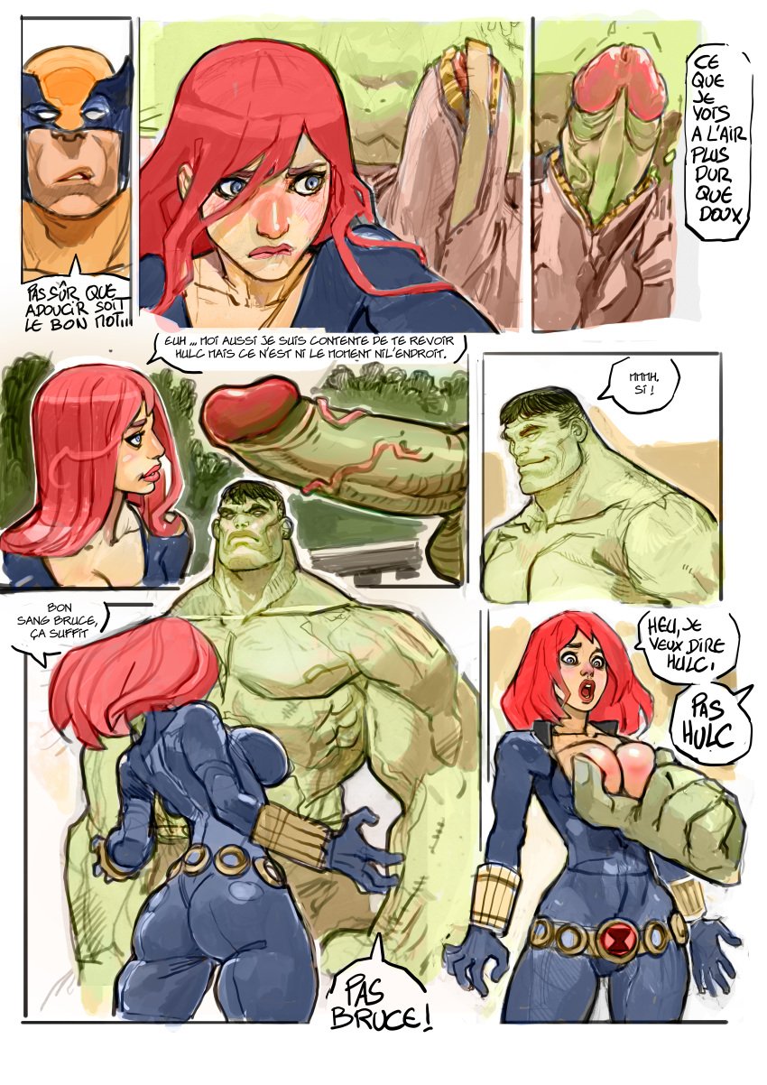 1girls avengers black_widow_(marvel) bodysuit bruce_banner female forced french_text green-skinned_male green_skin huge_cock hulk hulk_(series) human jjfrenchie light-skinned_female light-skinned_male light_skin male marvel marvel_comics mature mature_male natasha_romanoff size_difference straight the_hulk_(jjfrechie) translation_request voyeur wide_hips wolverine_(x-men) x-men