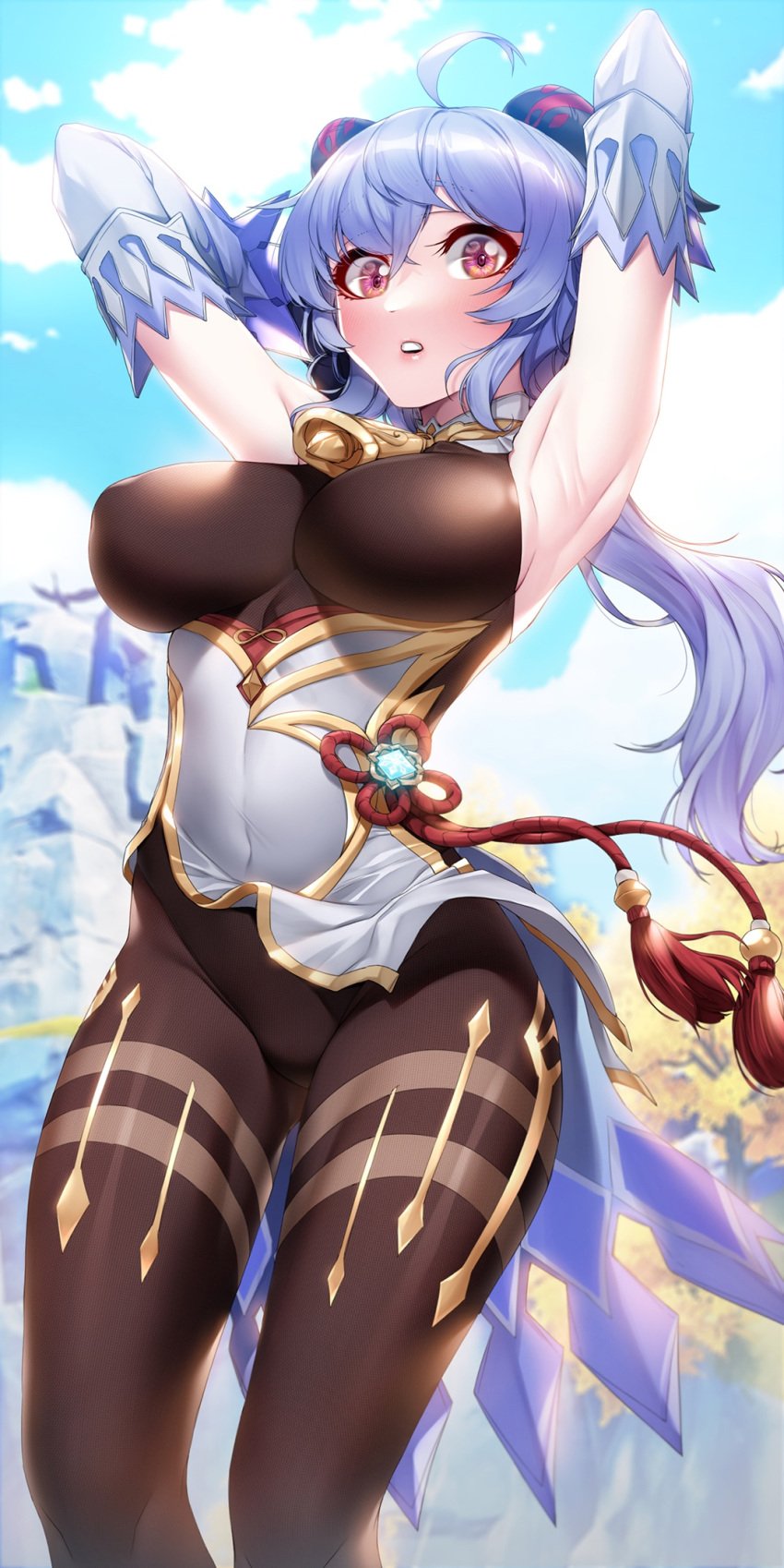 1girls akchu armpits arms_up blue_hair breasts color colored female female_focus female_only ganyu_(genshin_impact) genshin_impact goat_horns high_resolution highres horn horns looking_at_viewer mountain open_mouth outdoors outside red_eyes thick_thighs thighs