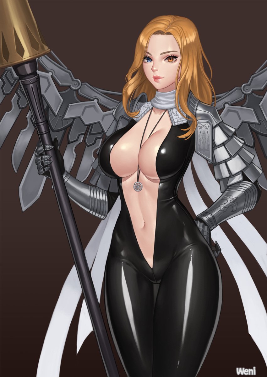 1girls big_breasts blonde_hair cleavage different_eye_color female female_only heterochromia latex latex_suit light-skinned_female mabinogi mabinogi_heroes neamhain_(vindictus) vindictus weni wings