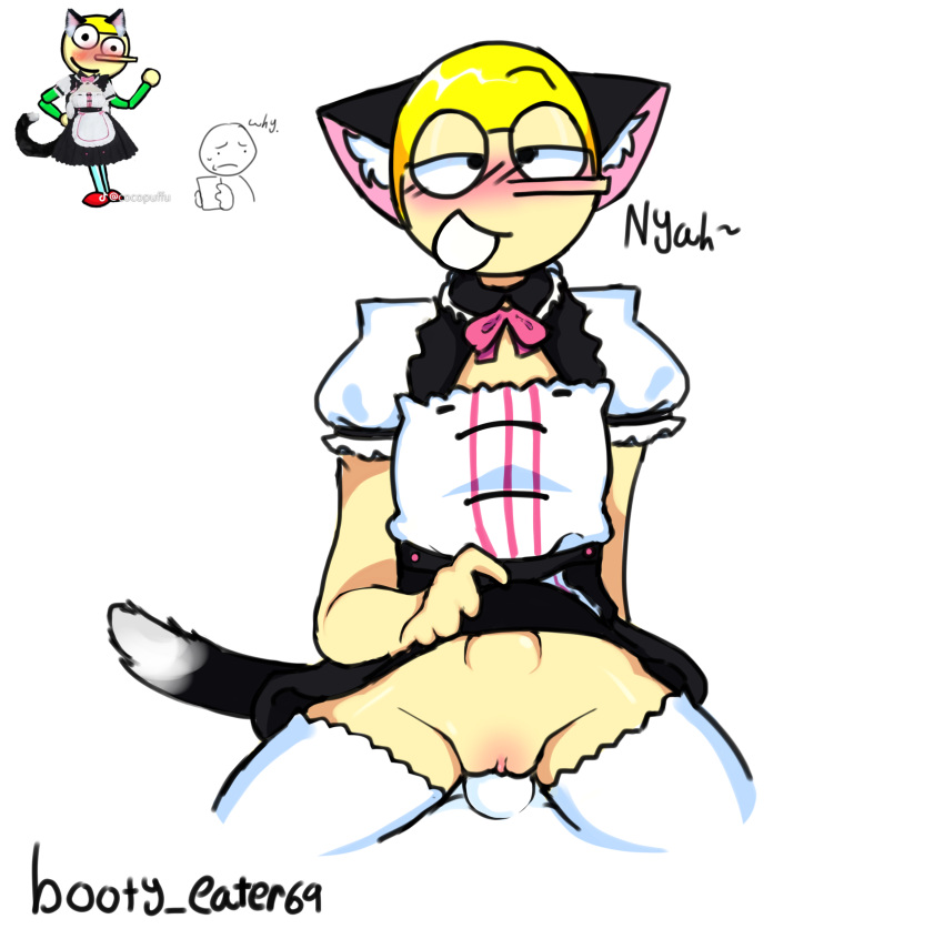 belly_bulge blonde_hair booty_eater69 cat_ears cat_tail catboy cuntboy dave_and_bambi_mod garrets_fun_animal_game garrett intersex lifting_dress maid_dress open_mouth pussy riding stockings thighhighs watermark white_stockings