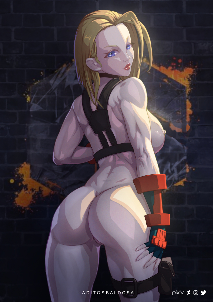 1girls back blonde_hair brick_wall cammy_white from_behind laditosbaldosa muscular nude sideboob street_fighter