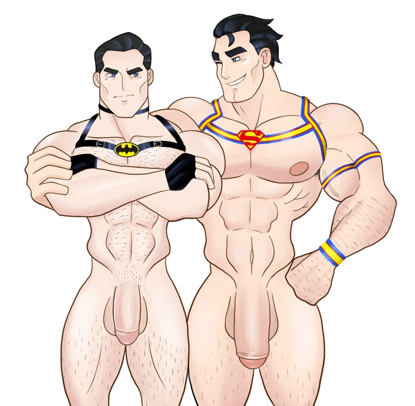 2boys arms_crossed batman big_penis bocetado bruce_wayne clark_kent dc dc_comics flaccid flaccid_penis harness huge_cock kal-el male_only muscles muscular muscular_male superman uncut