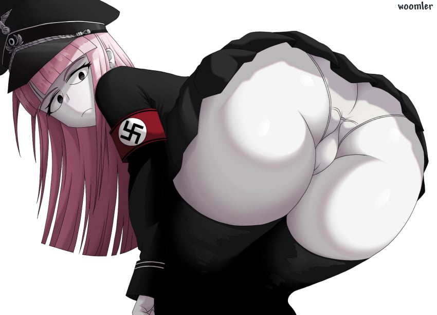 artist_name ass ass_focus bent_over blossom_hope female grey_eyes hat looking_at_viewer military_uniform nazi pale-skinned_female pale_skin panties pink_hair sakura_kawakami skirt stockings swastika thick_thighs underwear white_background white_panties white_skin woomler