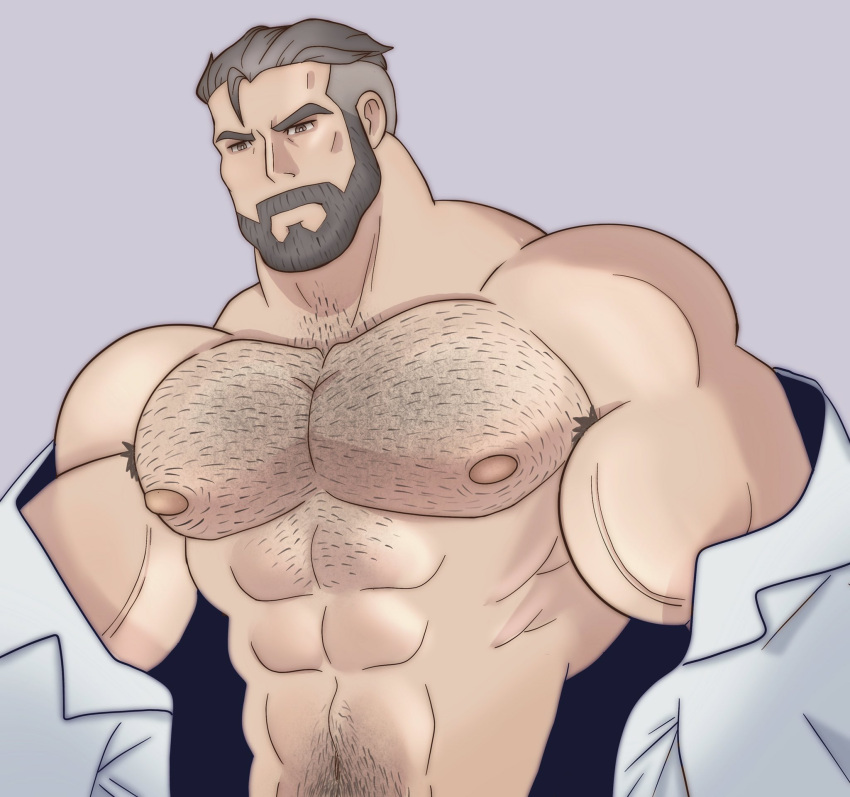 bocetado hairy male_only muscles muscular muscular_male open_coat pokemon pokemon_sv professor_turo shirt_on_shoulders shirtless_male