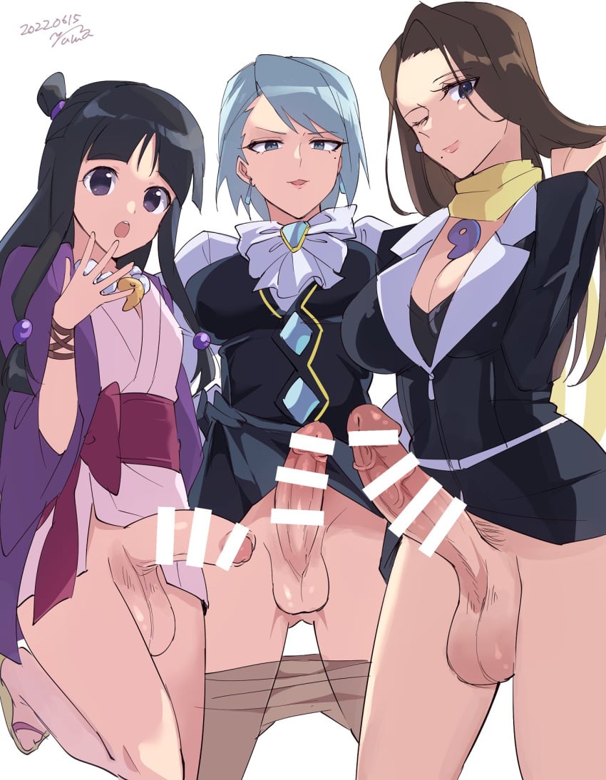 3futas :o ;) ace_attorney balls bangs big_breasts big_penis black_hair blue_eyes bottomless breasts brown_hair capcom clothed clothing english_text erection flaccid flaccid_penis foreskin futa_only futanari green_eyes green_hair gyakuten_saiban horny huge_cock human karuma_mei leg_lift light-skinned_futanari light_skin long_hair looking_at_viewer magatama magatama_necklace maya_fey mia_fey open_mouth partially_clothed partially_retracted_foreskin penis penis_size_difference purple_eyes ribbon short_hair siblings simple_background sisters standing vein veiny_penis white_background wink winking winking_at_viewer yu11ma11