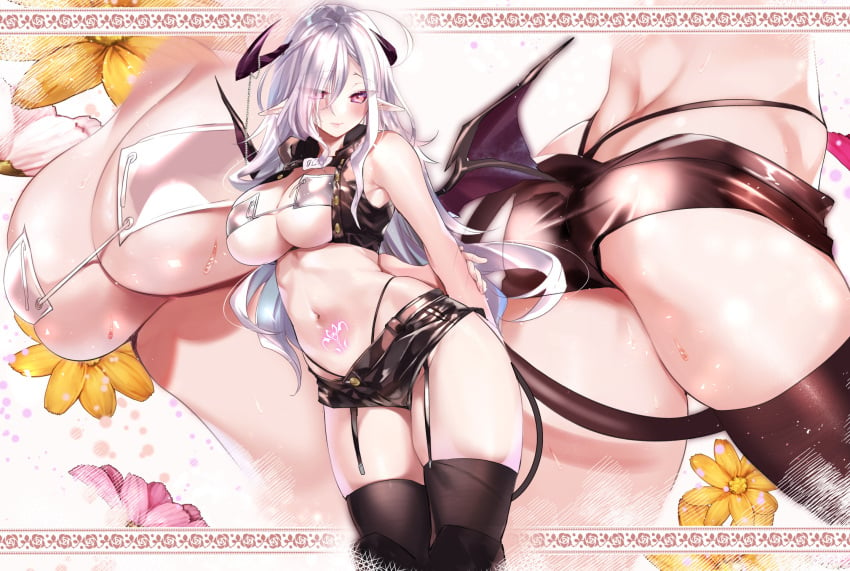 arms_behind_back ass bare_shoulders black_legwear breasts covered_erect_nipples crop_top demon demon_girl demon_horns demon_tail demon_wings female from_behind garter_straps highres horns kumatora_tatsumi large_breasts looking_at_viewer multiple_views navel original panty_straps pointy_ears pubic_tattoo purple_eyes short_shorts shorts skindentation sleeveless solo succubus succubus_tattoo sweat sweatdrop tail tattoo thighhighs thighs thong underboob white_hair wings