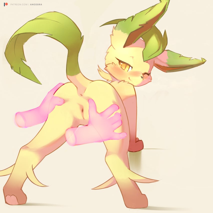 :3 ancesra animal_ears animal_nose anus artist_name ass ass_focus ass_grab bent_over blush body_fur brown_background brown_fur closed_mouth disembodied_limb eeveelution female from_behind full_body furry furry_female generation_4_pokemon green_hair half-closed_eye happy highres leafeon legs_apart looking_back moss_(ancesra) nintendo non-web_source nose_blush one_eye_closed patreon_logo patreon_username pawpads pokemon pokemon_(species) presenting pussy short_hair sideways_mouth simple_background smile snout solo_focus spread_pussy standing tail tail_raised two-tone_fur uncensored watermark web_address yellow_eyes yellow_fur