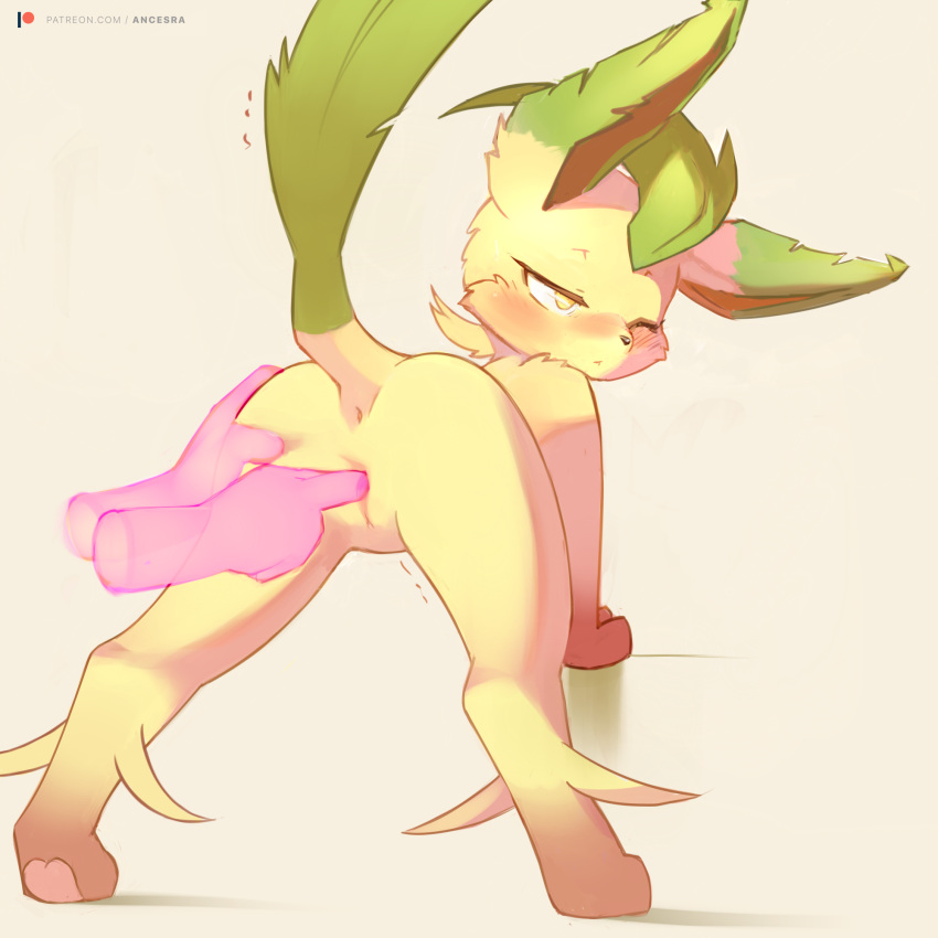 :< :3 ancesra animal_ears animal_nose anus artist_name ass ass_focus ass_grab bent_over blush body_fur brown_background brown_fur closed_mouth disembodied_limb eeveelution female fingering from_behind full_body furry furry_female generation_4_pokemon green_hair half-closed_eye highres leafeon legs_apart moss_(ancesra) nintendo non-web_source nose_blush one_eye_closed patreon_logo patreon_username pawpads pokemon pokemon_(species) presenting pussy short_hair simple_background snout solo_focus standing tail tail_raised trembling two-tone_fur uncensored vaginal_penetration watermark web_address wince yellow_eyes yellow_fur