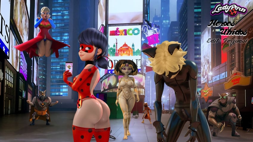 3boys 3girls adrien_agreste aeon cat_noir female ferjuasi ladybug_(character) male marinette_cheng marinette_dupain-cheng miraculous_ladybug multiple_boys multiple_girls new_york new_york_city practically_nude public public_indecency public_nudity tagme times_square united_states_of_america