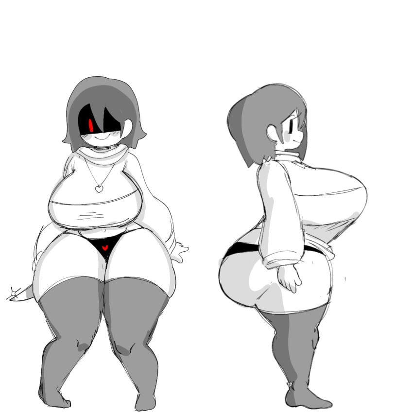 1girls ass big_ass big_breasts breasts chara chara_(mochikirb_style) clothing female female_only mob_face mochikirb panties red_eyes shortstack solo thick_thighs thighhighs undertale undertale_(series)