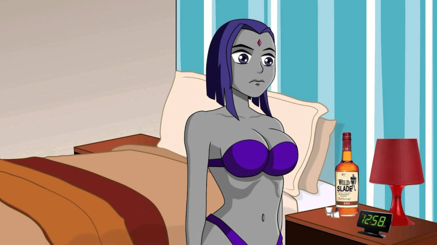 1girls accurate_art_style alarm_clock alcohol bed bed_sheet bra breasts cartoon_hook-ups dc dc_comics grey_skin lamp motel nightstand panties pillow purple_eyes purple_hair rachel_roth raven_(dc) short_hair solo straight_hair teen_titans winky_dink_media