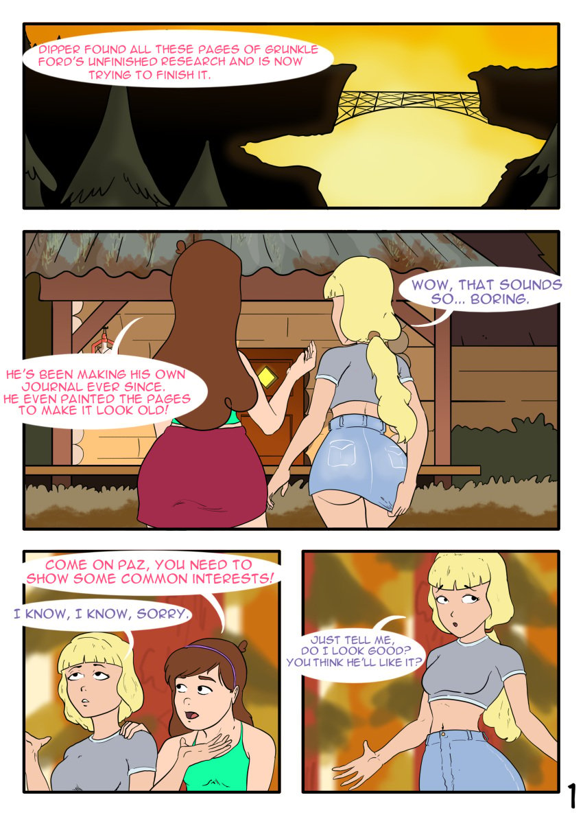 2girls aged_up blonde_hair brown_hair comic english_text gravity_falls mabel_pines pacifica_northwest page_1 page_number ponytail sealedhelm short_skirt skirt_lift speech_bubble straight_hair