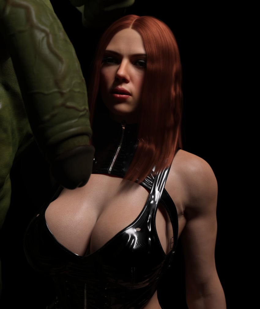 1boy 1girls 3d avengers big_breasts black_widow_(marvel) breasts busty cleavage female green-skinned_male green_penis green_skin huge_cock hulk hulk_(series) human imminent_oral it'll_never_fit latex latex_bra light-skinned_female light_skin long_hair marvel marvel_cinematic_universe muscular_male natasha_romanoff noahgraphicz red_hair scarlett_johansson slut_owner straight straight_hair