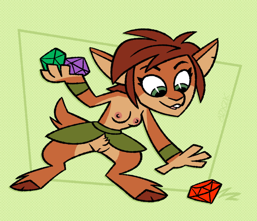 2022 activision anthro artdexo2000 breasts brown_body brown_fur brown_hair casual_exposure cervid clothed clothing crotch_tuft elora faun_(spyro) female front_view full-length_portrait fur furry furry_only gem genitals green_eyes hair hi_res hooves mammal nipples partially_clothed portrait pussy solo spyro_the_dragon tail toony topless topless_anthro topless_female tuft video_games