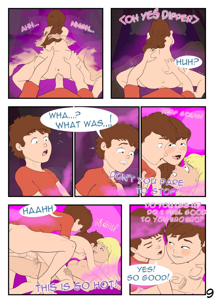 1boy 2girls 7_panel_comic aged_up anus blonde_hair breast_grab brown_hair comic dipper_pines english_dialogue english_text gravity_falls incest mabel_pines pacifica_northwest page_9 page_number pussy_juice pussy_juice_drip sealedhelm small_breasts speech_bubble spread_legs straight_hair uncensored_breasts