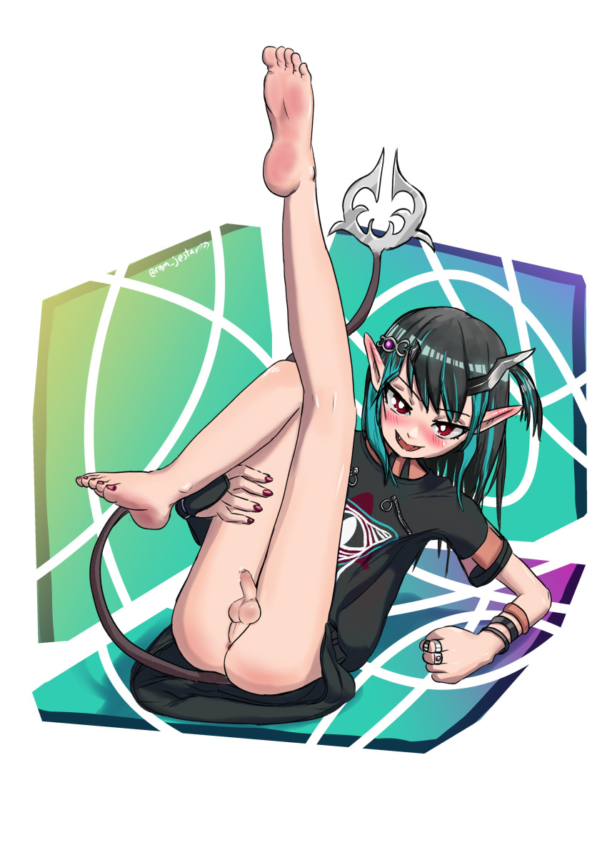 1futa absurdres balls bangs barefoot black_dress black_hair blue_hair blush bottomless bright_pupils clothed clothing cock-tail cum demon_girl demon_horns demon_tail dress erection female flat_chest full_body futa_only futa_sans_pussy futanari highres horns humanoid humanoid_penis jewelry light-skinned_futanari light_skin looking_at_viewer medium_hair mostly_clothed multicolored_hair nanashi_inc. no_panties oerba_yun_fang official_alternate_costume open_mouth penis pointy_ears red_eyes red_nails rgm_jesta ring shishio_chris short_sleeves small_penis smile solo sugar_lyric tail testicles two-tone_hair uncensored virtual_youtuber white_pupils wristband