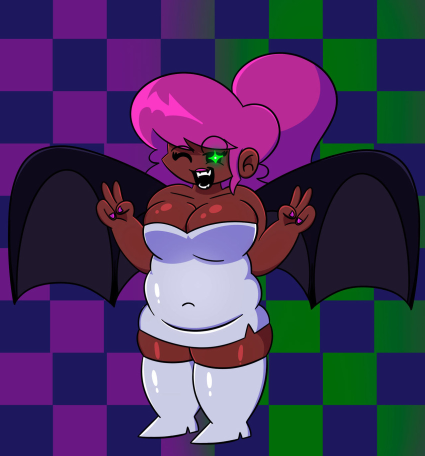 1girls b3_gf_(blazethewolf55) background bat_wings bbw big_breasts black_wings checkered checkered_background cleavage dark-skinned_female eyebrow_raise eyebrows_visible_through_hair fangs female friday_night_funkin friday_night_funkin_(b3_mod) friday_night_funkin_mod fully_clothed girlfriend_(friday_night_funkin) glowing_eyes happy happy_female high_heel_boots high_heels lipstick long_hair looking_at_viewer minusbrush mouth_open nail_polish peace_sign pink_hair pink_lipstick ponytail purple_background sfw sharp_teeth shaya_dearest skirt slightly_chubby standing thick_thighs v_sign vampire white_clothing white_dress white_dress_shirt white_legwear wings