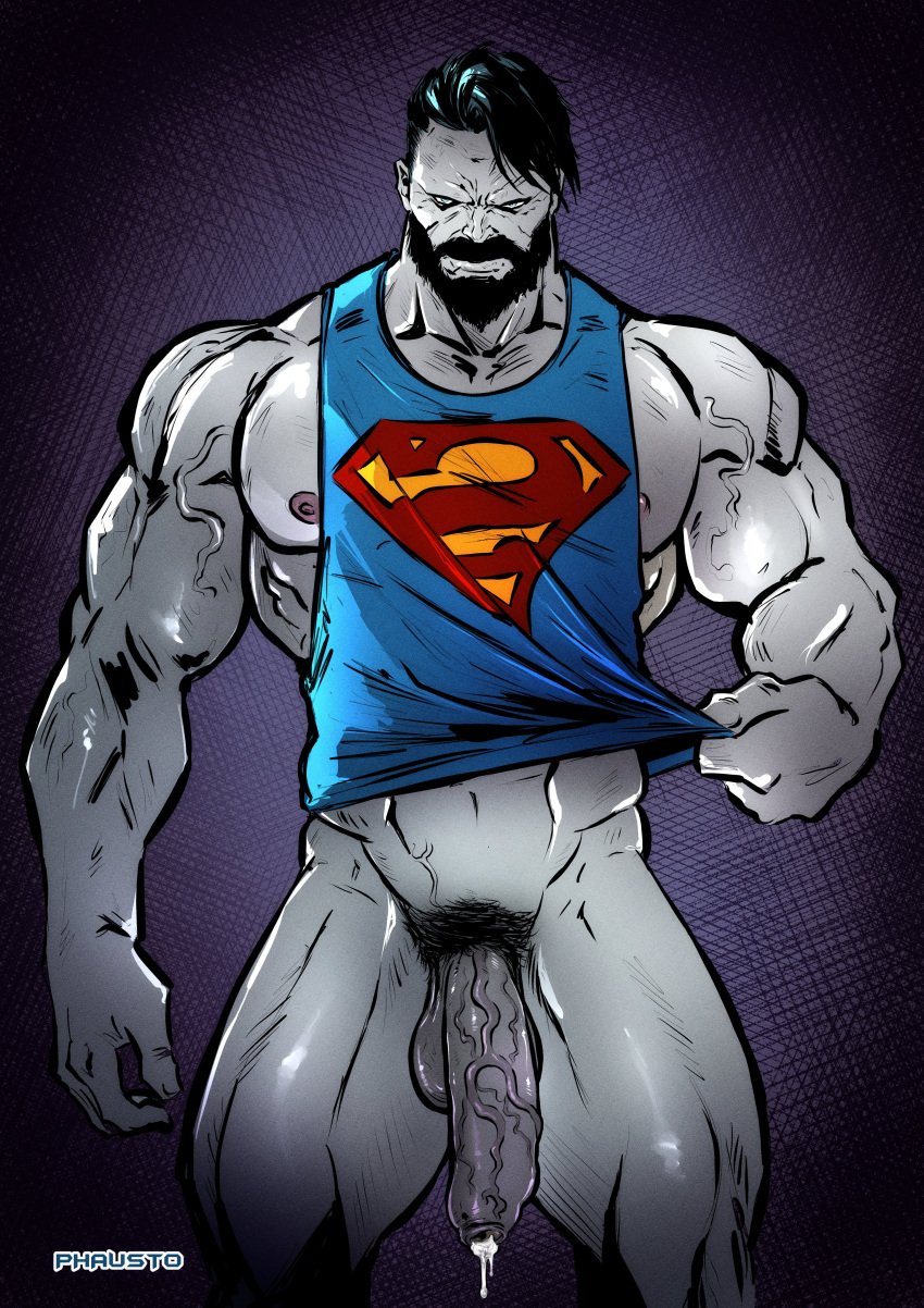 1boy 1male bizarro dc dc_comics facial_hair grey_skin male male_focus male_only muscle muscular muscular_male phausto shirt_only veiny_penis