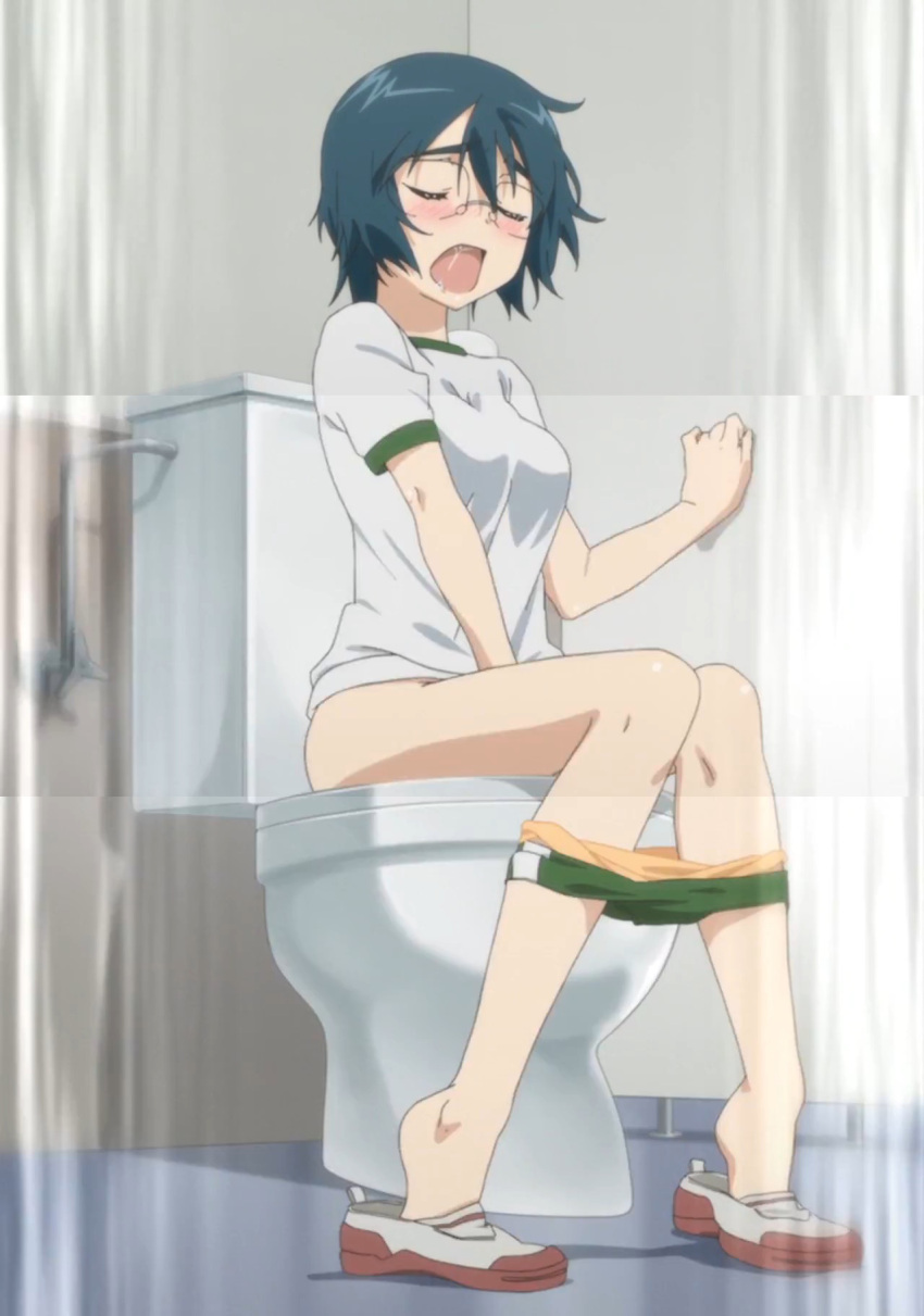 ass bare_legs barefoot blue_hair blush closed_eyes female female_masturbation glasses gym_uniform highres kissxsis masturbation mikuni_miharu open_mouth orange_panties panties saliva screencap screenshot shoes short_hair short_sleeves stitched third-party_edit toilet toilet_use underwear