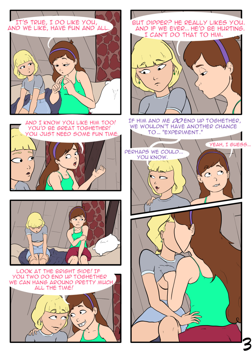 2girls aged_up bisexual_(female) blonde_hair breast_grab brown_hair comic english_text gravity_falls mabel_pines making_out multiple_girls pacifica_northwest page_3 ponytail sealedhelm small_breasts speech_bubble straight_hair underboob