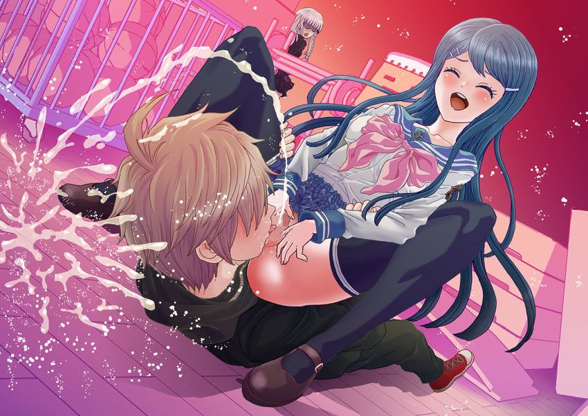 1boy 2girls alternate_version_available caught caught_in_the_act censored censored_pussy danganronpa danganronpa:_trigger_happy_havoc danganronpa_1 duo_focus eating_pussy female kirigiri_kyouko maizono_sayaka male multiple_girls naegi_makoto no_panties oral oral_sex peeing pussy rurukichi spread_legs thighhighs upskirt