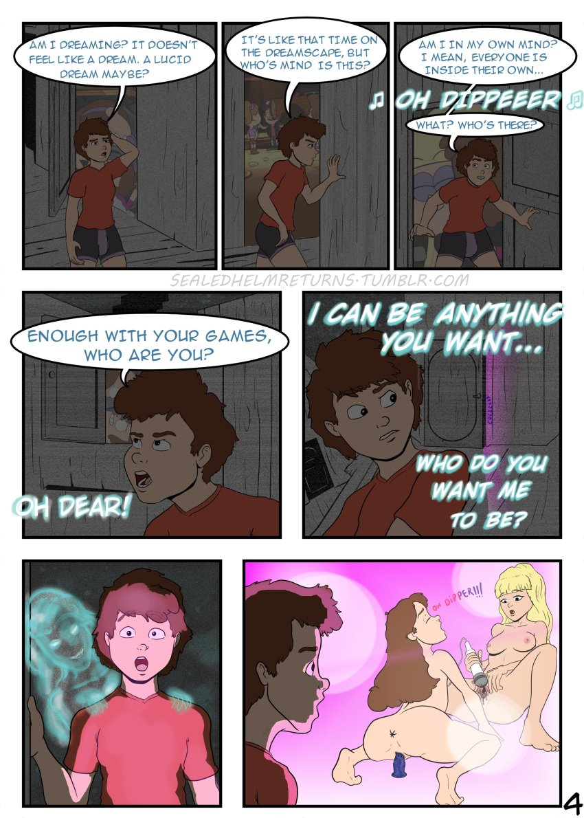 1boy 2girls aged_up blonde_hair brown_hair clitoral_stimulation clothed_male_nude_female comic completely_nude_female dildo_riding dipper_pines english_text erection ghost gravity_falls mabel_pines nude_female pacifica_northwest page_4 page_number pussy_juice sealedhelm speech_bubble spread_legs spread_pussy straight_hair tumblr_username vibrator