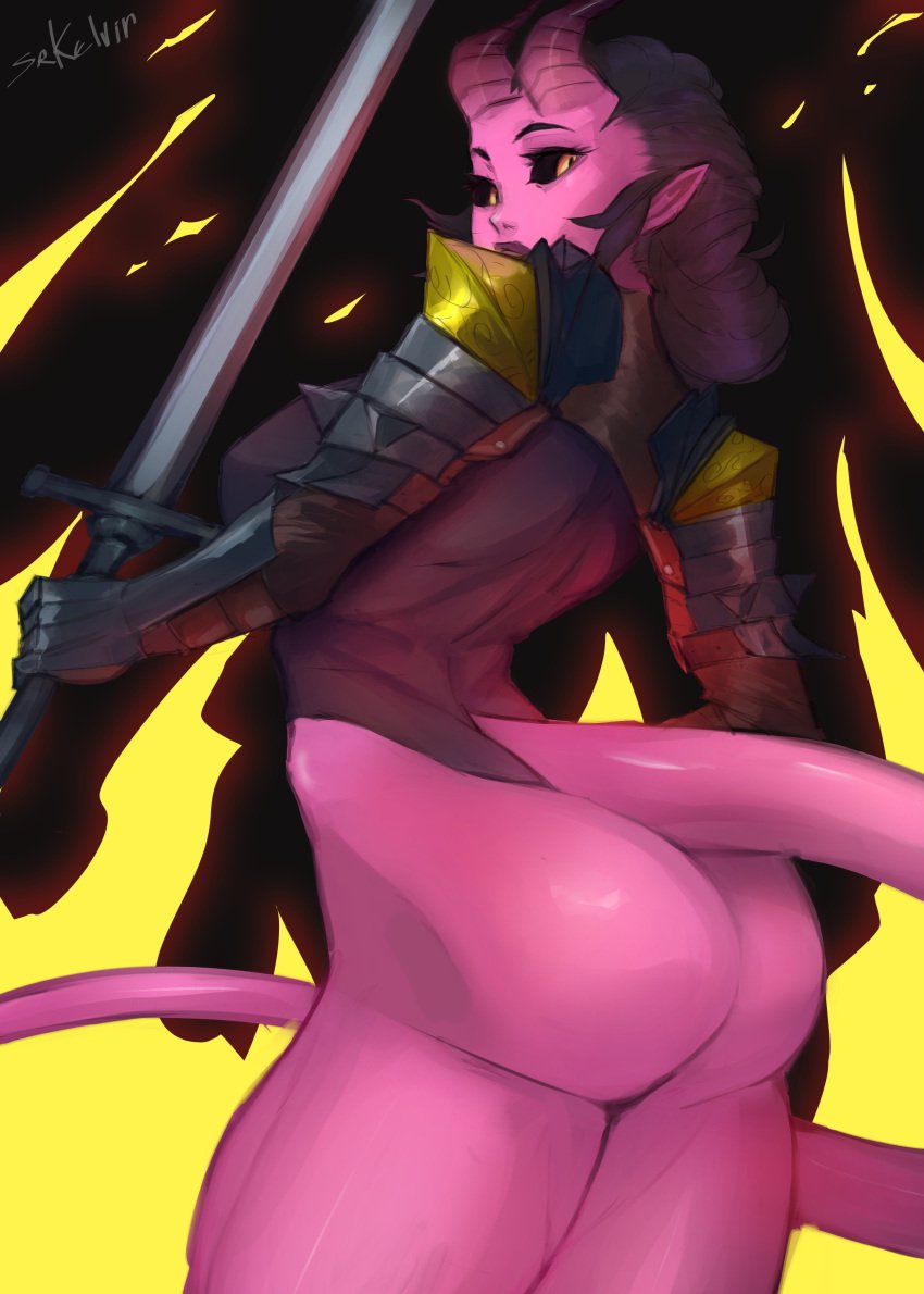 1girls armor ass black_armor black_hair black_sclera ceres_lumier_(foolymagooly) devil dungeons_and_dragons female fire foolymagooly horns knight leotard longsword medieval_armour paladin pink_body pink_skin pointy_ears sr_kelvin tail tiefling yellow_iris