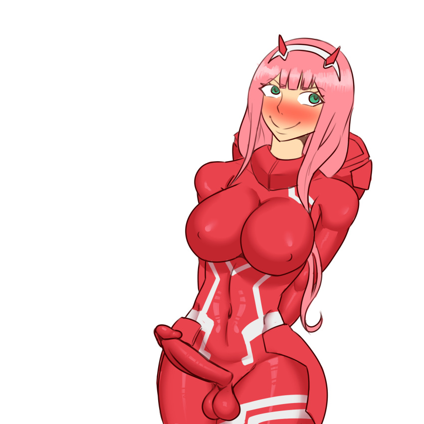 1futa balls big_breasts big_penis blush blushing breasts clothed clothing darling_in_the_franxx erection fully_clothed futa_only futanari humanoid humanoid_penis latex latex_suit light-skinned_futanari light_skin long_hair nyavakado penis self_upload solo solo_futa standing suit wide_hips zero_two_(darling_in_the_franxx)