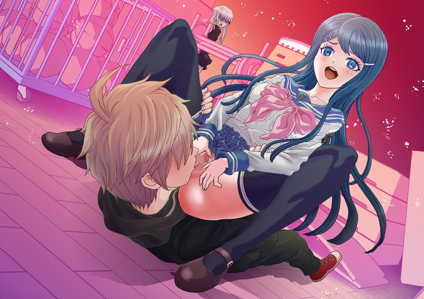 1boy 2girls alternate_version_available caught caught_in_the_act censored censored_pussy danganronpa danganronpa:_trigger_happy_havoc danganronpa_1 duo_focus eating_pussy female kirigiri_kyouko maizono_sayaka male multiple_girls naegi_makoto no_panties oral oral_sex pussy rurukichi spread_legs straight_hair thighhighs upskirt