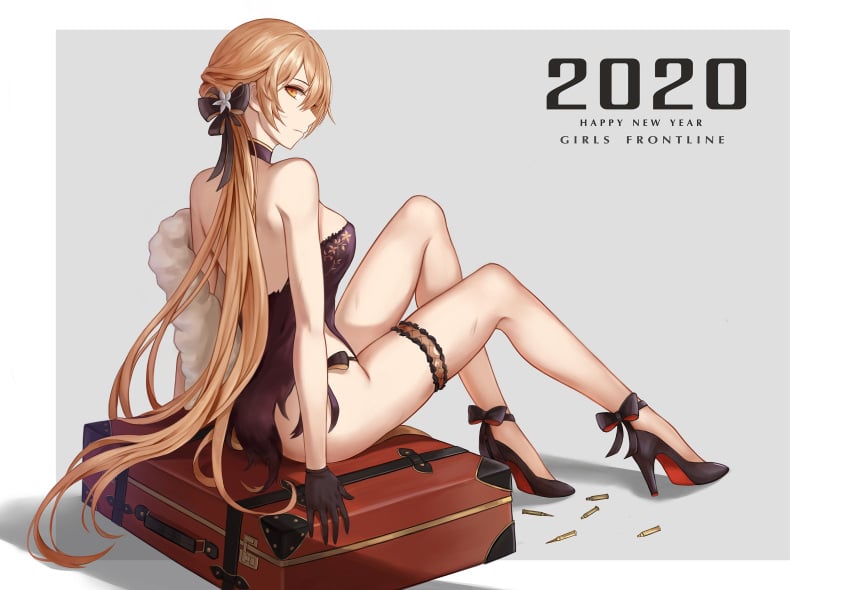 2020 ammunition ass bag bare_arms bare_legs bare_shoulders black_bow black_choker black_dress black_footwear black_panties border bow breasts brown_hair bullet cartridge choker closed_mouth commentary_request dress flower from_behind full_body girls'_frontline grey_background hair_flower hair_ornament hairbow happy_new_year high_heels highres legs long_hair looking_at_viewer looking_back medium_breasts new_year official_alternate_costume orange_eyes ots-14_(girls'_frontline) outside_border panties ponytail selcky side-tie_panties simple_background sitting thigh_strap torn_clothes torn_dress underwear very_long_hair white_border white_flower