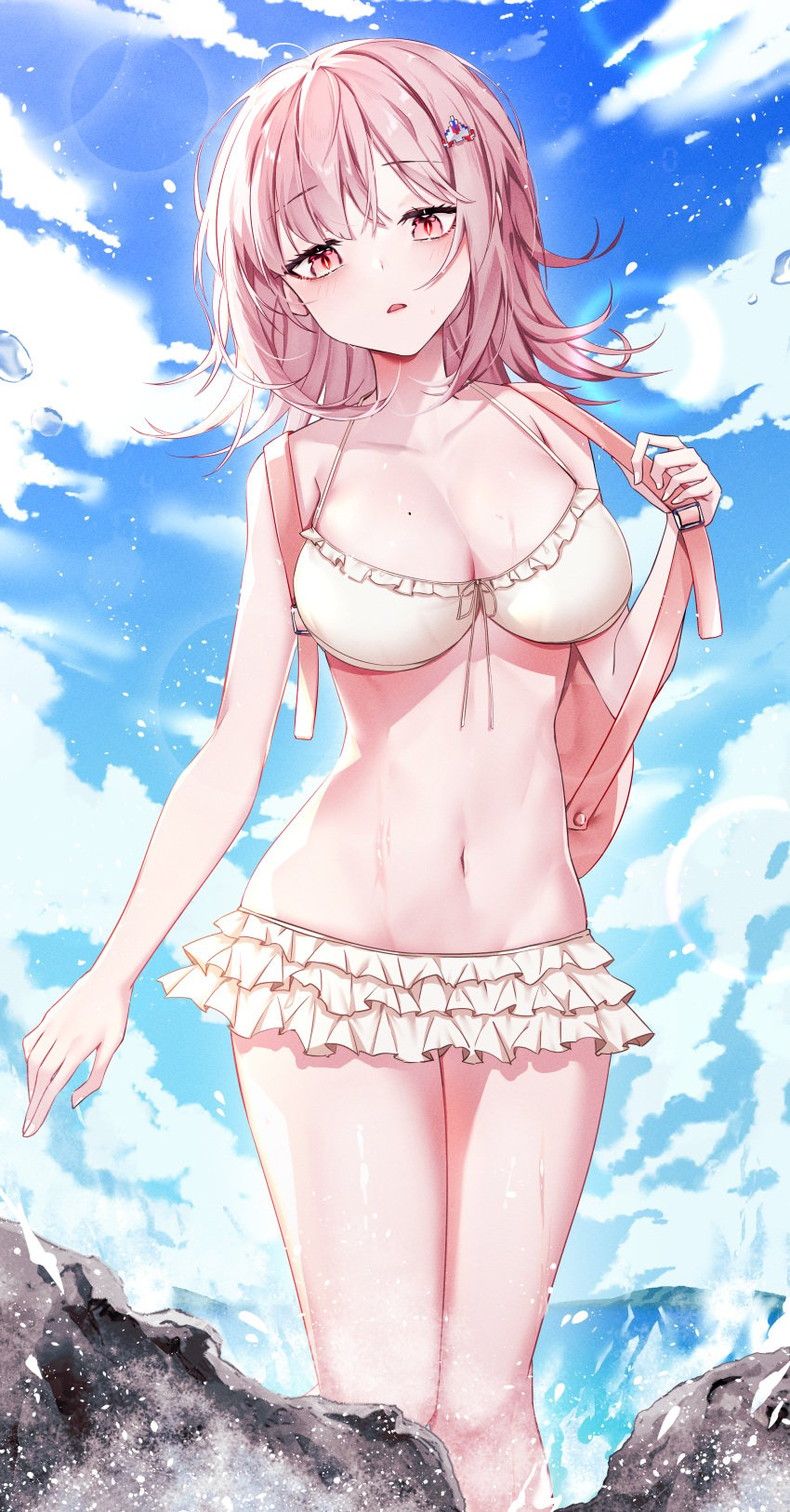 2022 backpack backsack big_breasts bikini bikini_bottom bikini_top breasts breeze cloud clouds danganronpa danganronpa_2:_goodbye_despair danganronpa_s:_ultimate_summer_camp female_only large_breasts medium_hair mole mole_on_breast nanami_chiaki pink_hair red_eyes rock rocks sea seaside skirt sky straight_hair wet yan_(artist)