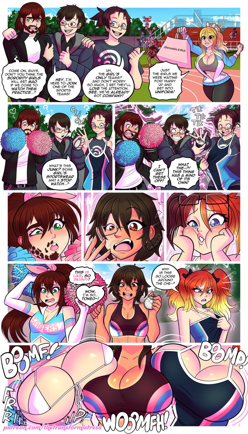 ass_expansion breast_expansion brown_hair cheerleader comic english_text female gender_transformation hair_color_change hair_growth huge_ass huge_breasts lip_expansion mind_control mtf_transformation navel tan text thetransformistress thick_thighs thigh_expansion transformation transgender_pride_colors wide_hips