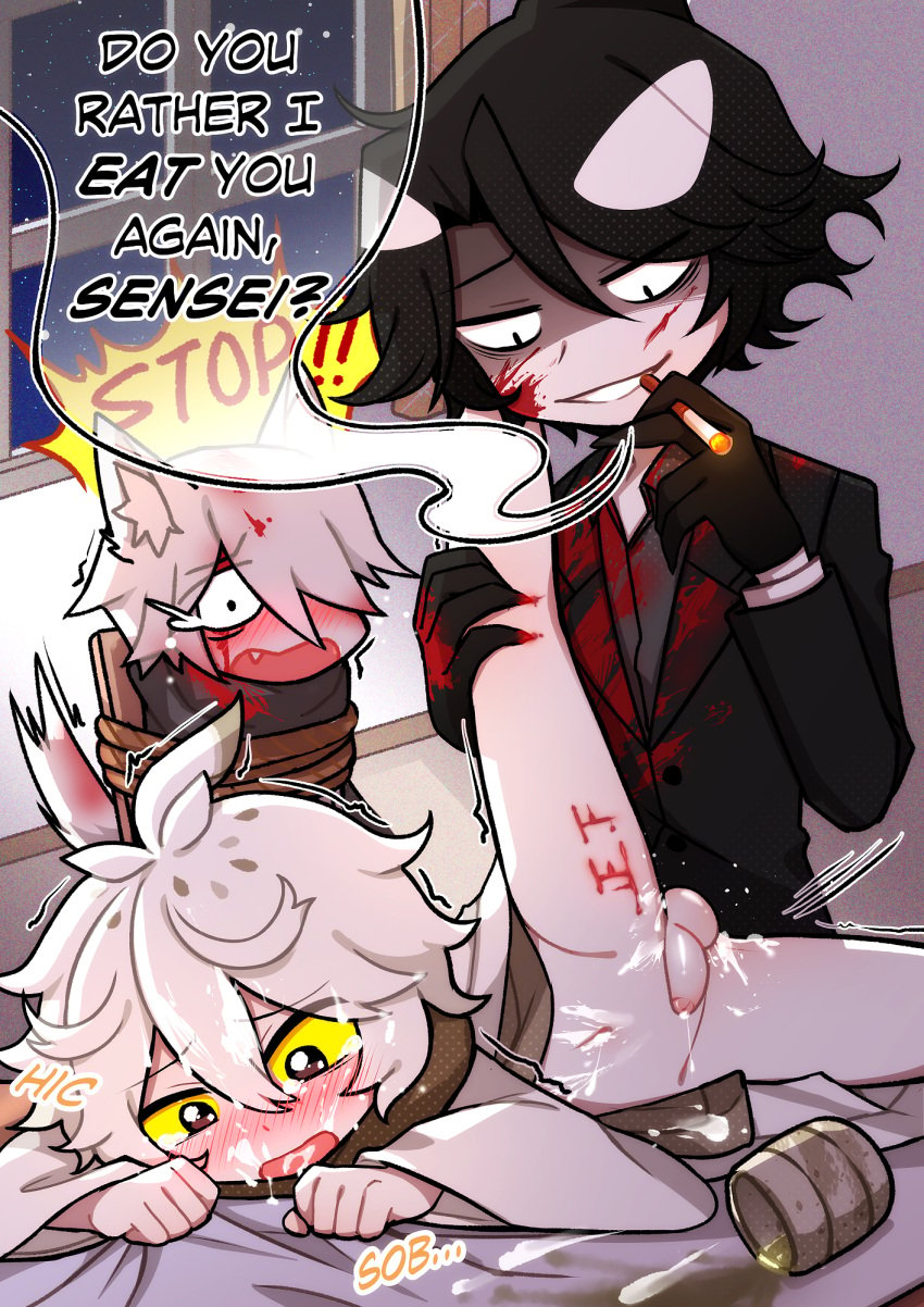 3boys accurate_art_style ahegao anal animal_ears bedroom_setting beer begging_to_stop black_hair blood blood_stain carving cigarette clenched_hands clothed_sex color cuckold cum cum_everywhere cum_in_ass cum_inside cum_on_body d: dominant_male dubious_consent embarrassed funamusea funamusea_(style) gloves grin hiccuping highres ice_scream idate licowish male/male mouth_open netorare ntr orgasm partially_clothed penetration rape restrained rope sadism sadistic_smile sheet_grab shirogane_(funamusea) small_penis smoking spilled_drink submissive_male suit tally_marks thigh_grab thrusting tied_up trembling wadanohara_and_the_great_blue_sea white_hair yaoi yukisada_(ice_scream)