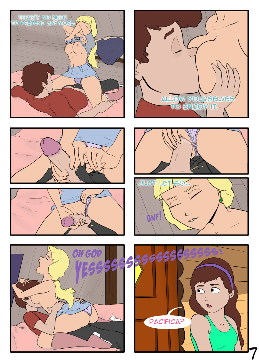 1boy 2girls aged_up bisexual_(female) biting_own_lip blonde_hair brown_hair comic cowgirl_position dipper_pines english_text erection_under_clothes gravity_falls mabel_pines pacifica_northwest page_7 panties_aside ponytail sealedhelm sitting_on_penis skirt_up speech_bubble straight_hair sucking_nipples undressing undressing_partner