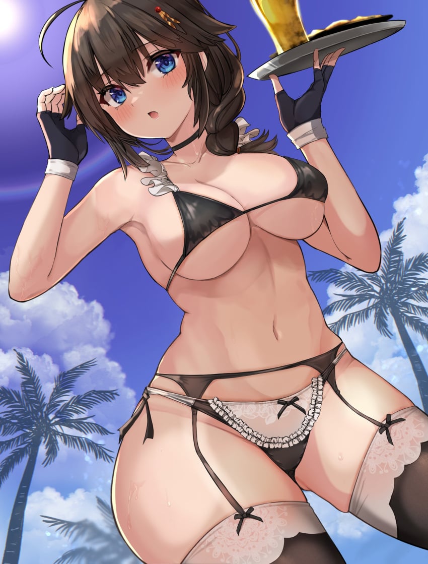 absurdres ahoge bangs bikini black_bikini black_choker black_gloves black_hair black_legwear blue_eyes blue_sky braid breasts choker cleavage collarbone commission female fingerless_gloves garter_belt gloves hair_between_eyes hair_ornament highres holding holding_tray kantai_collection kihou_no_gotoku_dmc lace-trimmed_legwear lace-trimmed_panties lace_trim large_breasts long_hair looking_at_viewer maid_bikini micro_bikini navel open_mouth outdoors palm_tree panties panties_over_garter_belt pixiv_request shigure_(kantai_collection) shigure_kai_ni_(kantai_collection) side-tie_bikini single_braid sky sun sweat swimsuit thighhighs tray tree underwear