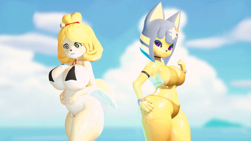 3d 3d_(artwork) 3d_model animal_crossing animal_crossing_new_horizons animal_crossing_new_leaf ankha ankha_(animal_crossing) ankha_(hazeker) big_ass big_breasts big_thighs bikini chubby comic doubutsu_no_mori furry furry_only furry_tail hazeker highwizard isabelle_(animal_crossing) isabelle_(highwizard) nairu_(doubutsu_no_mori) nintendo rekki render tight_clothing tight_fit time_stop year_request